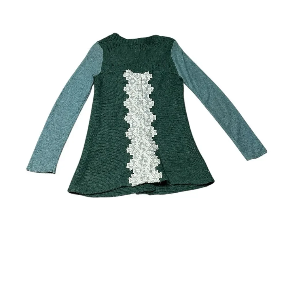 Free People Knit Cardigan Sweater Green Lace Back Button Boho Long Sleeve Small